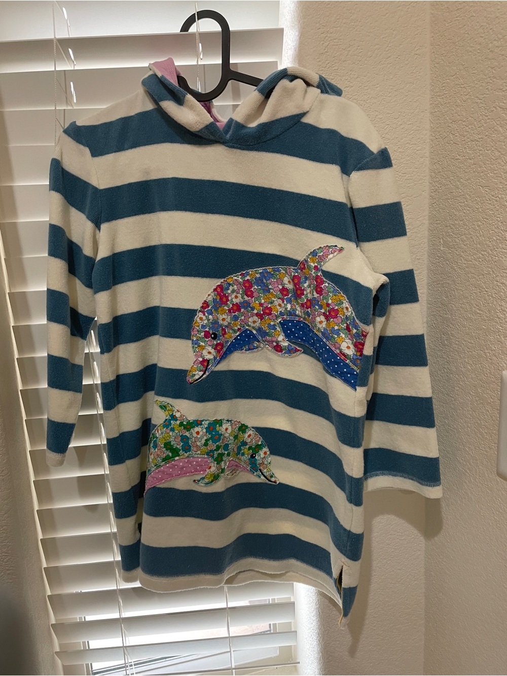Boden Kids Striped TerryHooded Tunic with Floral Dolphin Appliques 8years